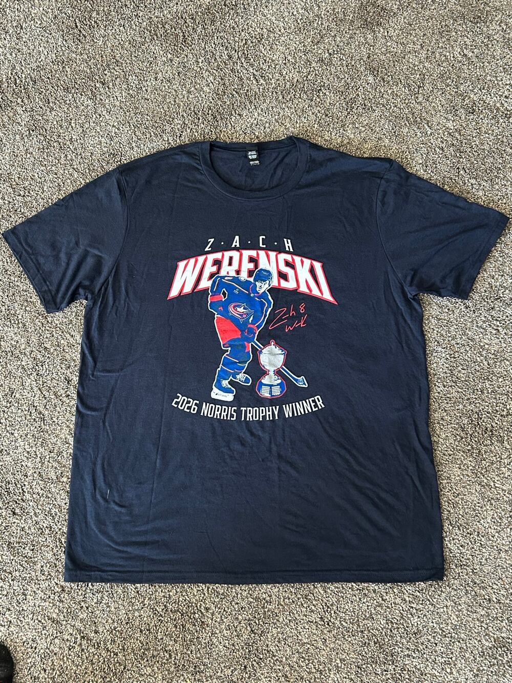 Zach Werenski #8 Columbus Blue Jackets 2026 Norris Winner Blue T-Shirt XL (NWOT)